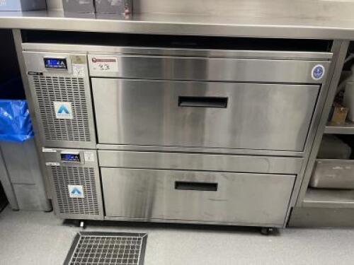 Adande 2 Drawer Stainless Steel Under Counter Fridge Freezer Refrigerated Cabinet, Model VCS R1. Size H86 x W110 x D70cm.