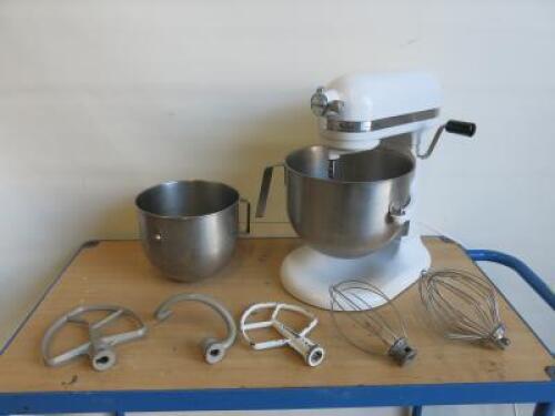 KitchenAid Heavy Duty Mixer in White, Model 5KSM7591, S/N WB4907454. Comes with 5 & 7qt Bowls, 2 x Balloon Whisks & 2 x Beaters.