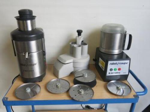Quantity of Robot Coupe Equipment for Spares or Repair to include: 1 x R301 Ultra, 1 x J100 Ultra, Veg Slicer and 5 x Assorted Blades.