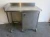 Stainless Steel Mobile Prep Table with Part Splash Back & Cupboard Under, Size H90 x W109 x D70cm.