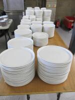 543 x Figgjo White Porcelain Crockery to Include: 57 x 27cm plates, 33 x 23cm plates, 143 x 20cm plates, 96 x 14cm plates, 74 x 22cm bowls, 102 x 17cm bowls, 8 x 11cm bowls, 6 x 6cm bowls, 12 x 6cm milk Jugs & 9cm milk jugs.