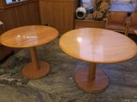 6 x Varnished Wood Round Dining Tables. Size H75 x Dia 105 (x4) & Dia 90 (x2).