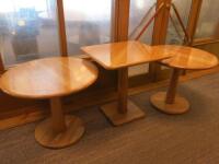 3 x Varnished Wood Side/Coffee Tables to Include: 2 x Round (H65 x Dia80cm) & 1 x Square (H75 x 70 x 70cm).