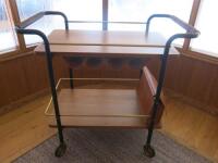 Dark Wood & Brown Saddle Leather Hostess/Drinks Trolley with Brass & Woven Handle Detail. Size H90 x W95 x D53cm.