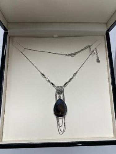 Swarovski Necklace with Black Stone Centre with Six Black Baget Stones and Black Stones Set, 14" Silver Coloured Chain (No Box)