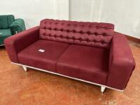 Red Velour 2 Seater Sofa with 2 Cushions and Flip Over Back Rest. Size 80 x 190 x 100cm.