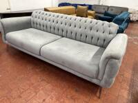 Grey Velour 3 Seater Sofa, with 2 Cushions, Flip Over Back Rest on Gold Coloured Metal Frame & Legs. Size 80 x 226 x 100cm.