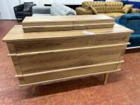 4 Drawer Light Wood Sideboard with Gold Edging. Size 87 x 124 x 46cm.Comes with Dressing Table Mirror with Wood Back. Model, Adi Gold. Size H100 x Dia 115cm. NOTE: mirror requires replacing.