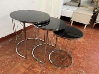 Nest of 3 Round Smoked Glass Topped Side Tables on Chrome Frame. Size H56 x Dia 50cm.