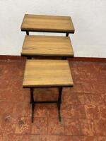 Nest of 3 Wood Topped Side Tables with Black Metal Legs. Size 75 x 41 x 25cm.