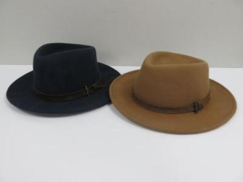 2 x Jack Murphy Boston Crushable Felt Hats in Blue & Bag , Size 58cm.