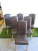 6 x Faux Brown Leather Padded Dining Chairs on Light Oak Legs. NOTE: cat claw damage.