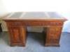 Reproduction Walnut Effect Wooden Pedestal Desk with Leather Inserts, Draws & Cupboards. Size H82 x W139 x D74cm.