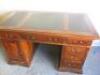 Reproduction Walnut Effect Wooden Pedestal Desk with Leather Inserts, Draws & Cupboards. Size H82 x W139 x D74cm. - 2