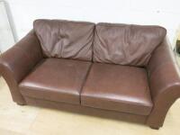 Brown Leather Marks & Spencer Fold Out Sofa Bed with 5 Assorted Cushions. Size H80 x W192 x D100cm.
