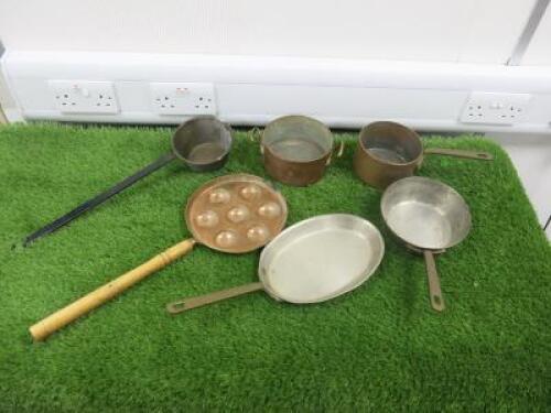 6 x Brass Cooking Pans to Include: 4 x Saucepans & 2 Skillets.