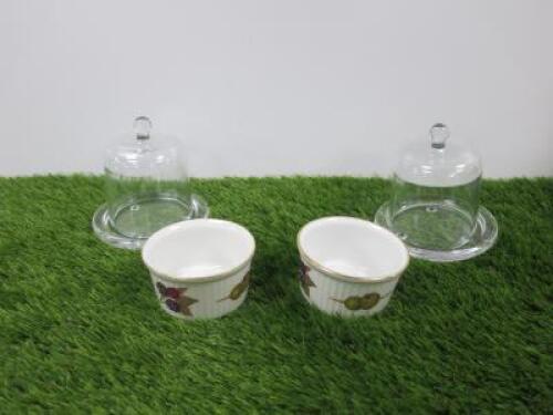 2 x Cheese Glass Bell with Bases & 2 x Royal Worcester Fine Porcelain Ramekin Dishes.