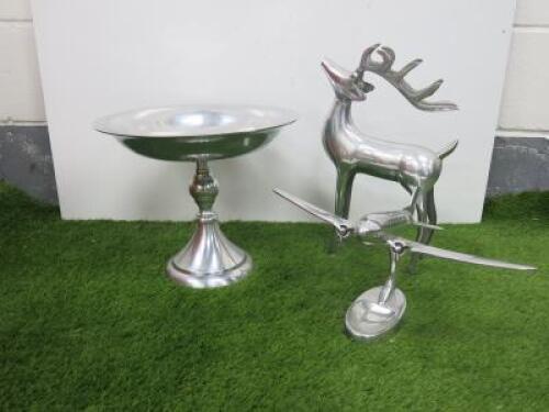 3 x Items of Polished Aluminium Ornaments and Fruit Dish to Include Fruit Dish, Deer & Aeroplane.