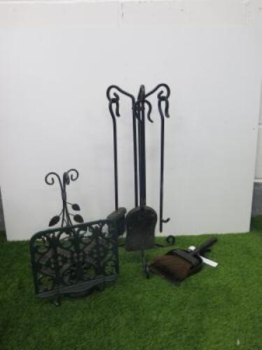 Metal Companion Set with Additional Shovel and Brush, Metal Adjustable Stand, A Heavy Metal Wall Plaque Depicting Birds, Round Metal Ornament and One Other Stand.