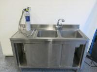 Stainless Steel Double Sink with Lever Tap, Shelf Under & 2 x Sliding Doors, Size H98 x W140 x D60. Comes with Purity C300 Quell Water Purifier.