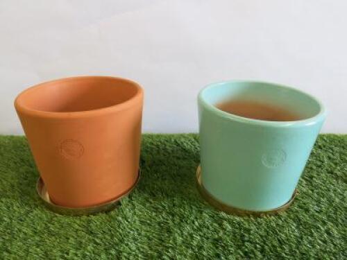 2 x Svenskt Tenn Kruka Mellan Ceramic Flower Pots with Brass Saucers.