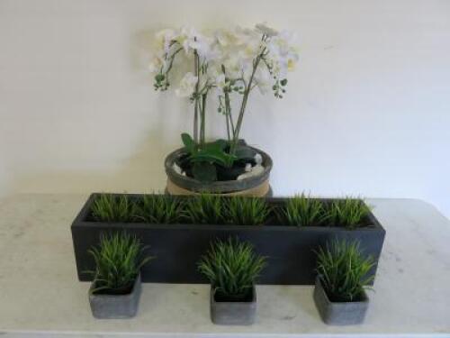 Quantity of Artificial Ikea Plants & Pots to Include: 9 x Potted Plants, 4 x Orchids, 1 x Cement Pot (Cracked), 1 x Trough & 6 x Clay Pots.