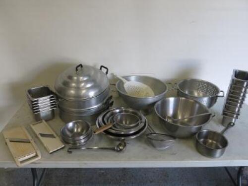 51 x Stainless Steel & Aluminium Kitchen Accessories to Include: 16 x GN Containers, 27 x Assorted Sized Mixing Bowls, 2 x Colander's, 1 x Steamer, 3 x Sieves & 2 x Mandolin Slicers.