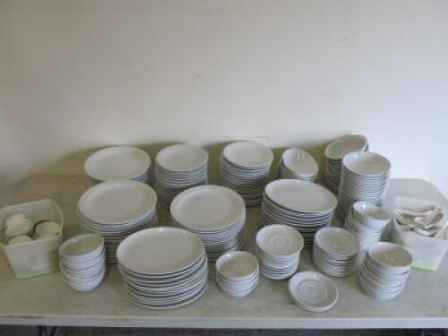Approx 287 Assorted Branded White Crockery to Incldue: Olympia, Athena, Royal Porcelain & Cameo: 46 x 25cm Plates, 40 x 20cm Plates, 25 x 26cm Plates, 10 x 20cm Bowls, 30 x 17cm Bowls, 19 x13cm Bowls, 27 x 15cm Saucers, 40 x Small Dipping Bowls & 50 x Spo