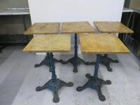 5 x Café/Restaurant Tables with Wooden Tops & Ornate Heavy Metal Bases, Size: 3 x H75 x W50 x D60cm & 2 x H75 x W50 x D50cm.