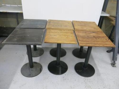 6 x Café/Restaurant Tables with Assorted Wooden Tops & Heavy Metal Bases, Size: 5 x H75 x W55 x D55cm & 1 x H75 x W50 x D50cm.