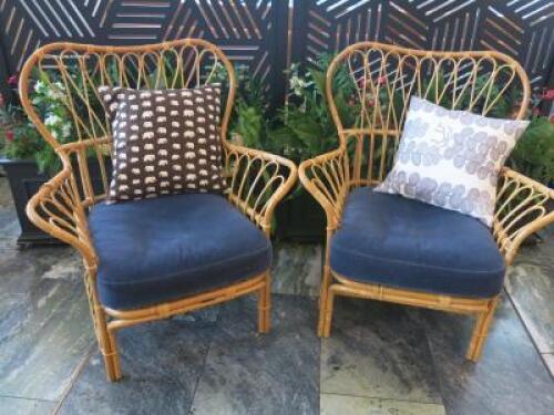 2 x Josef Frank Large Cane Wicker Armchairs with Blue Velour Seat Padded Cushion & Other Patterned Scatter Cushion (Condition As Viewed).