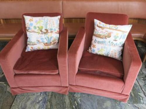 Pair of Designer O.H.Sjogren 'Julia Sundin' Red Velour Armchairs with Pair of Ivoel Frank Cushions.