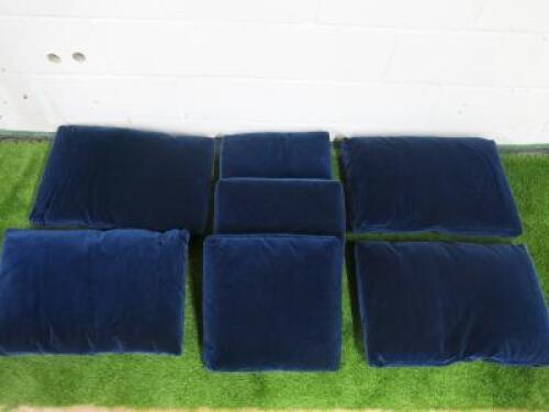 7 x Blue Velvet Fabric Cushions to Include: 4 x 58 x 38cm & 3 x 41 x 41cm. NOTE: believed to be Maxalto.