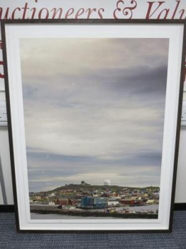 Andrea Jarvis Hamilton Artwork, Framed & Mounted of 'Small Scandinavian Town with Radar Domes' Signed by Artist Limited Edition 2/6. Overall Size 142 x 111cm. NOTE: Signs of damage to artwork as pictured/viewed.