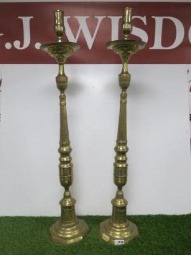 Pair of Brass Lamps/Candlesticks. Size H95cm. NOTE: would require light fittings & re-wire.