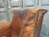 Original Antique Lounge Chair in Brown Tan Leather, Hopsack & Horse Hair with Stud Detail & Striped Cushion Seat in Very Distressed Condition. - 7