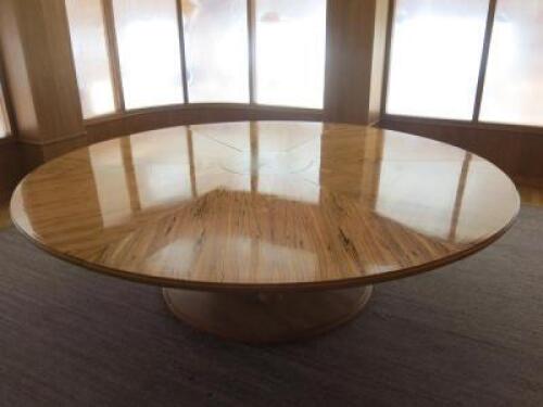 Large Scandinavian Sectional Dining/Boardroom Round Table on Single Pedestal with 12 Sections & Brass Centre Plate. Size can be changed with 6 sections having a diameter of 190cm & 6 sections making a diameter of 250cm.