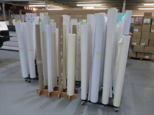 Stock of Open Rolls Printing Material, Various Paper, Vinyl & Application Tape with Stands (As Pictured/Viewed).