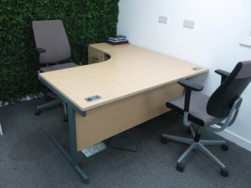 Contents of Directors Office (on Mezzanine) Comprising of Desk, 2 Sedus Office Chairs, White Tulip Table & 3 White Chairs with White Corner Cupboard Unit.