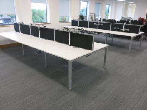 Lot of Office Furniture to Consist of: 4 x White Melamine Desk Pods of 6 with Twin Monitor Stand and Black Fabric Divider (Size 140cm x 80cm), 1 x White Melamine Desk Pods of 6 with Twin Monitor Frame and Black Fabric Divider (Size 160cm x 80cm) & 1 x Whi