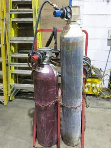 Harris Oxyacetylene Cutting Torch with Gauges, Flash Back Arresters, Hoses & Trolley. NOTE: bottles not included.