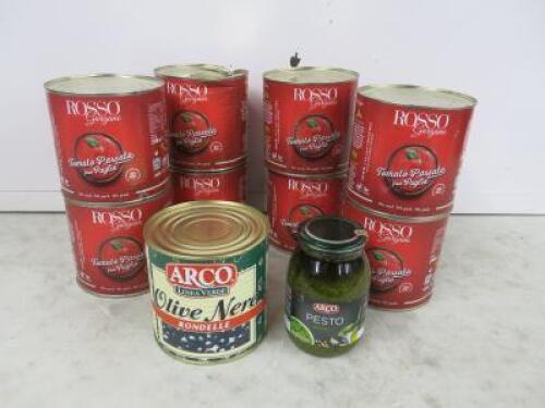 8 x Cans of 2500g Rosso Gaegana Tomato Passata, 1 x Jar of 980g Pesto & 1 x Can of 1.2kg Arco Olives.