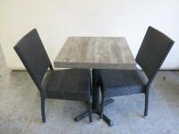 Wooden Table with Heavy Metal Base & 2 Rattan Chairs. Size H78 x W60 x D60cm.