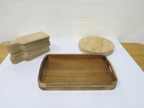 Wooden Serving Tray & Bamboo Serving Boards to Include: 1 x Serving Tray, 17 x Bamboo Serving & 3 x Pizza Cutting Boards.