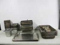 48 x GN Metal Containers & Lids to Include: 41 x Assorted Sized Containers & 7 x Assorted Sized Lids.