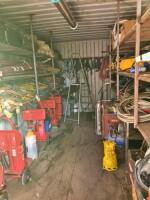 Contents of Green 20ft Container to Include: 3 Phase Extension Cables, 110V Cables, 240V Blue Extension Cables, Distros, Transformers, 110v Extension Leads, Mig Welding Accessories, Welding Screens, Jacks, Bolt Cutters, Fire Extinguishers on Trolleys, Sma