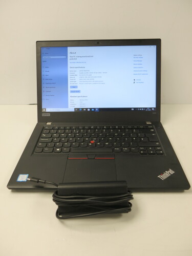 Lenovo ThinkPad, Model T480. Running Windows 10 Pro. Intel Core i5-8350U @ 1.70GHz, 16GB RAM, 237GB HDD. Comes with Dell PSU.