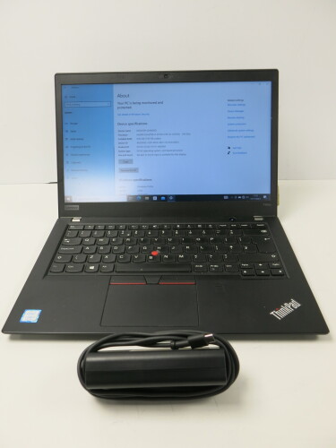 Lenovo ThinkPad, Model T480S. Running Windows 10 Pro. Intel Core i5-8250U @ 106GHz, 8GB RAM, 237GB HDD. Comes with Dell PSU.