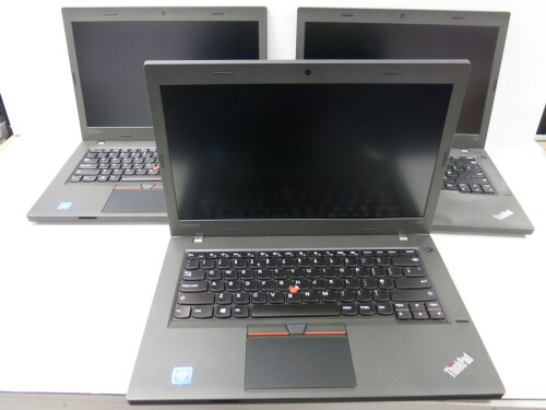 3 x Lenovo 14" ThinkPad, Model L460, Running Windows 10 Pro, Intel Celeron 3955U, CPU @ 2.0Ghz, 8GB RAM, 237GB HDD. Comes with PSU. NOTE: 3 x missing batteries & 2 faulty track pads.