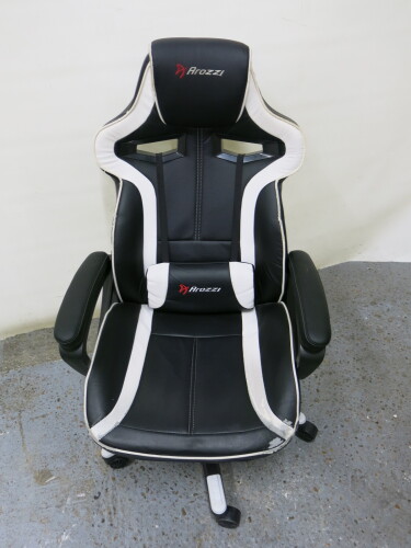 Arozzi Gaming Chair in Black & White PU Leather with Lumber Cushion. NOTE: condition of leather on seat (As Viewed/Pictured).